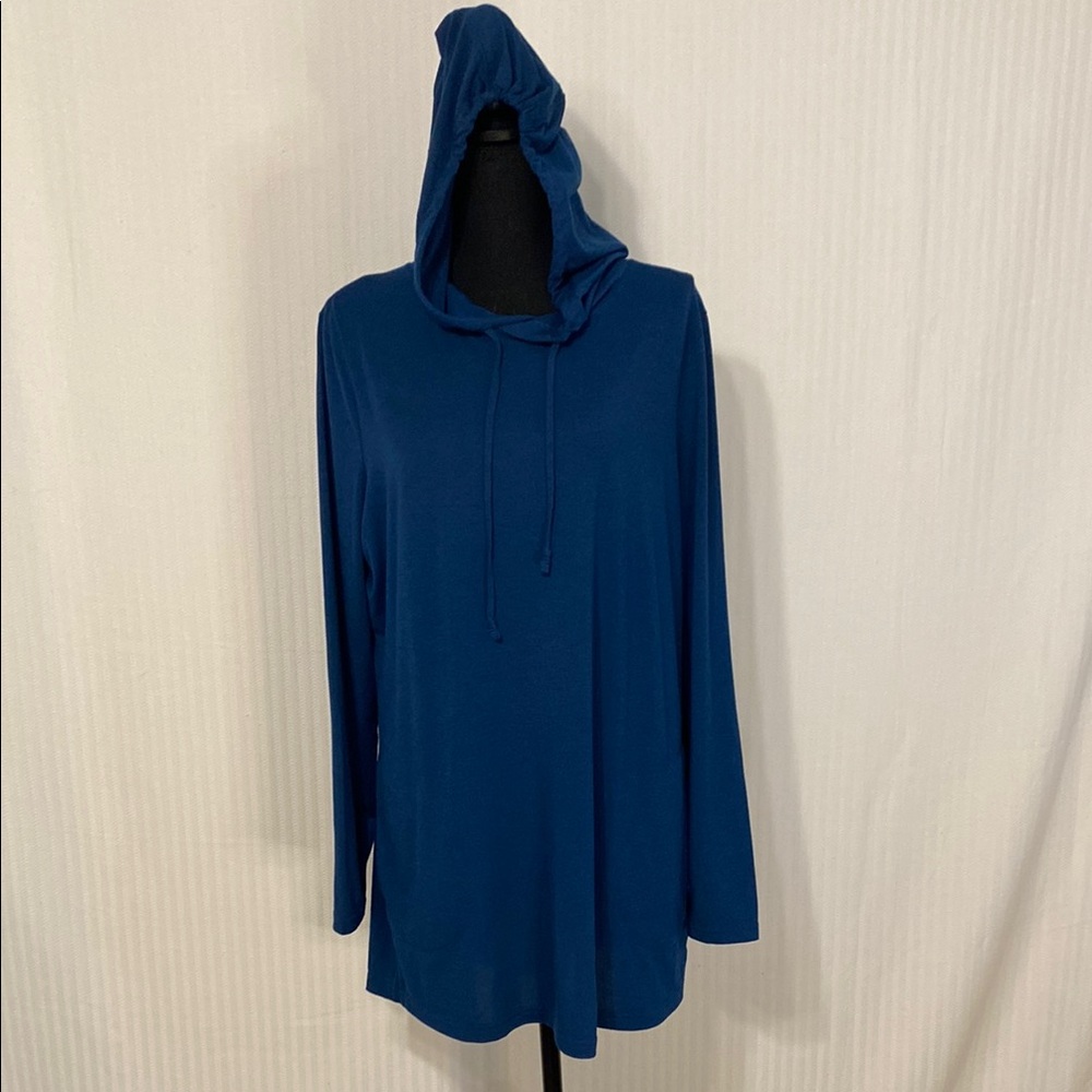 Duluth Dry and Mighty Hoodie Tunic Merino Wool Blend Blue Longline Large